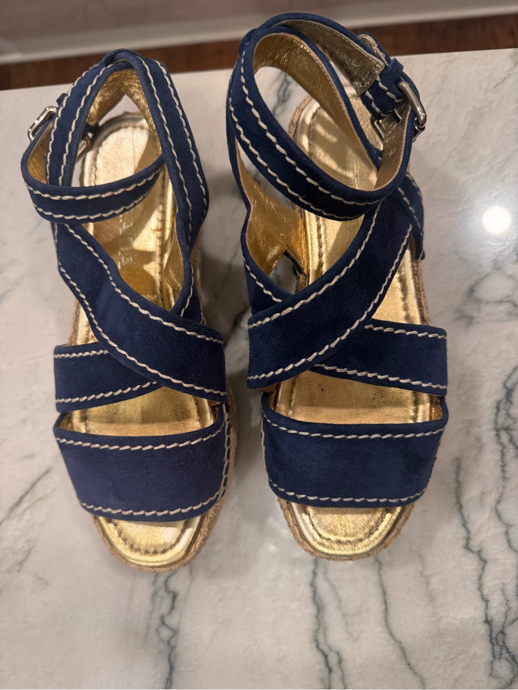Navy Suede Strappy Wedge Sandals With Gold Footbed
